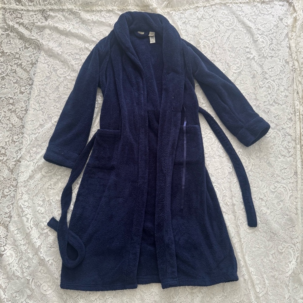 LL Bean Robe Womens M-Reg Blue Winter Fleece Wrap Front Belted Housecoat Cozy